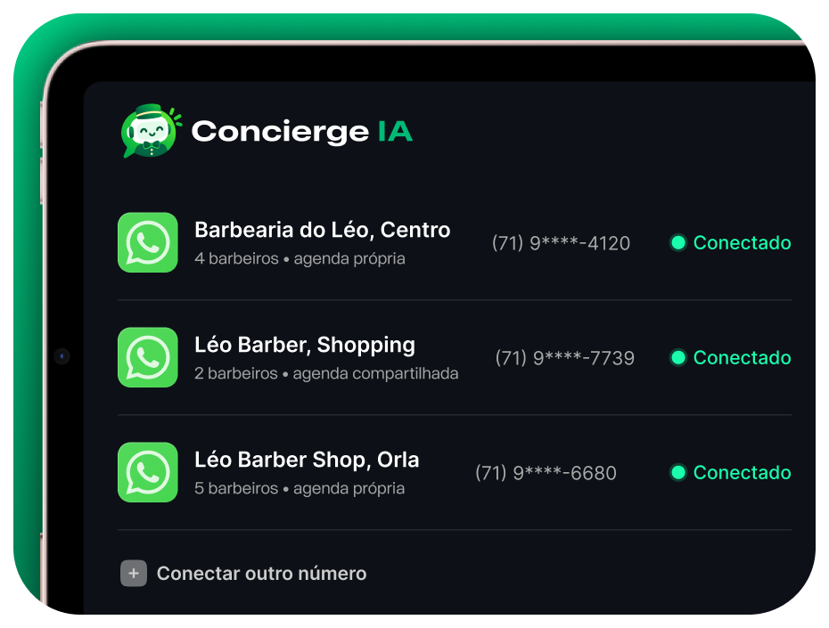 Painel do Concierge IA com múltiplos números de WhatsApp conectados